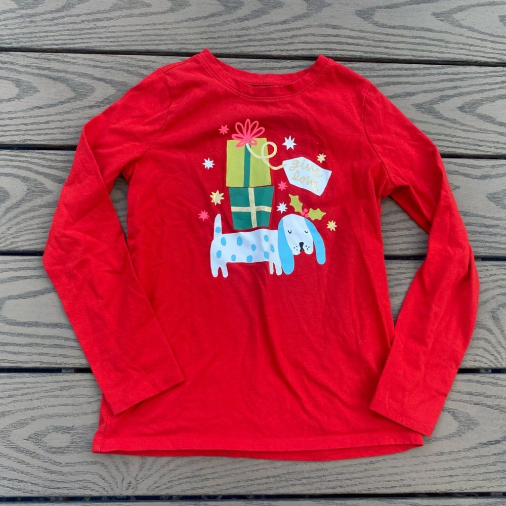 Cat & Jack medium 7/8 red long sleeve Christmas shirt graphic dog